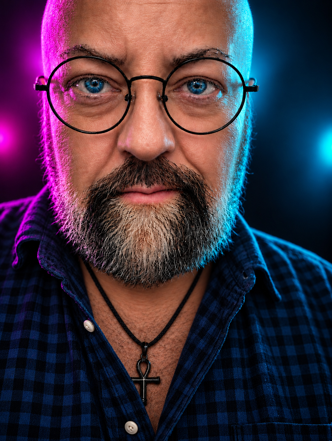 Kenny Peters wearing glasses in magenta and cyan light